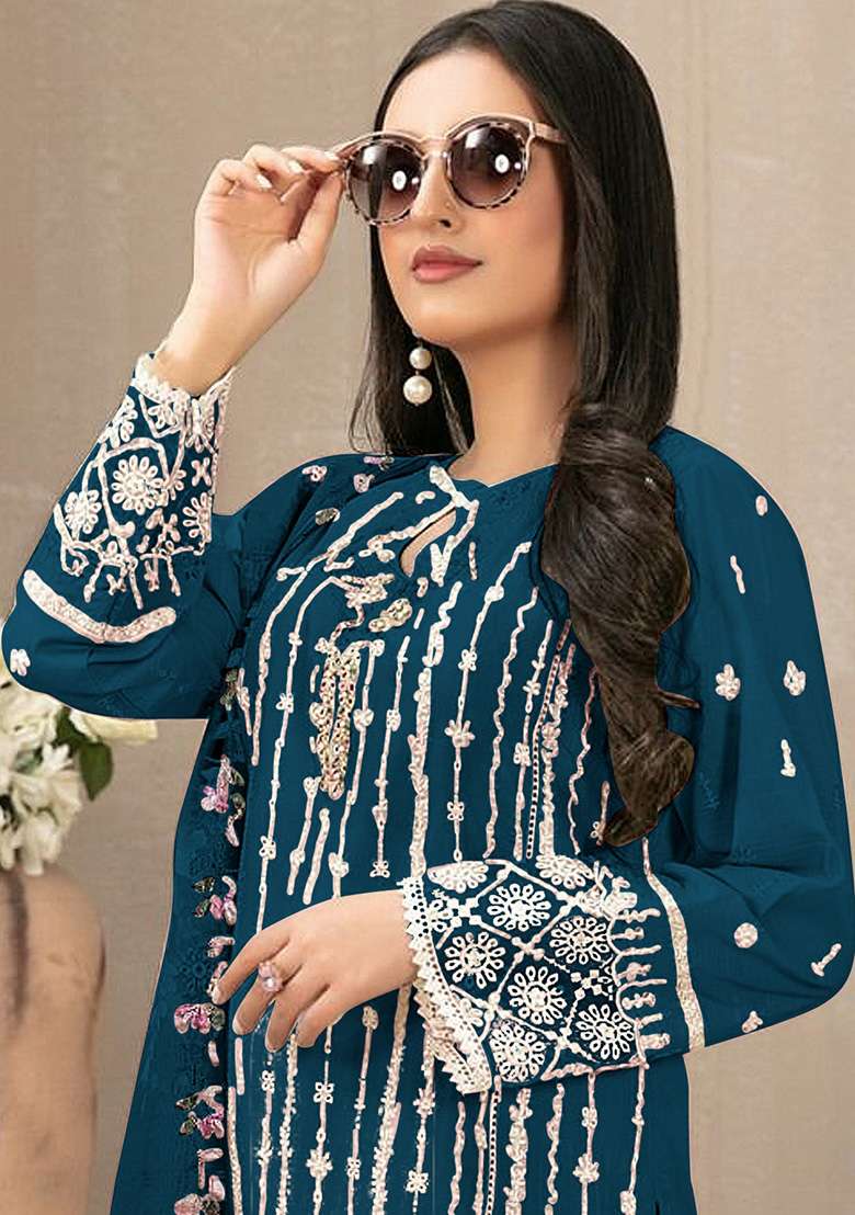 Teal Embroidered Faux Georgette Kurta Set - Indya