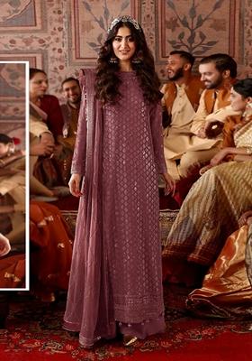 Dark Peach Embroidered Faux Georgette Kurta Set