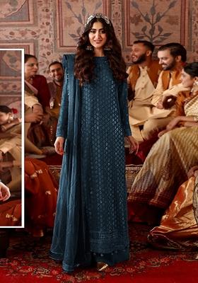 Teal Embroidered Faux Georgette Kurta Set