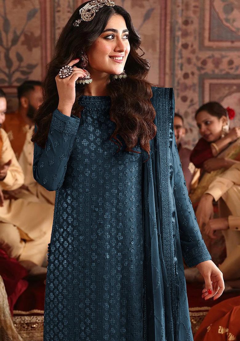 Teal Embroidered Faux Georgette Kurta Set