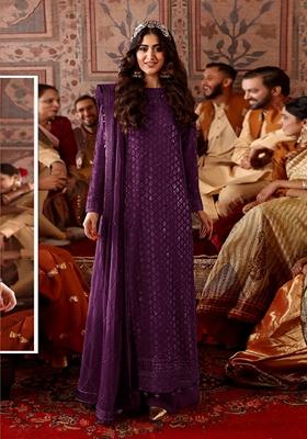 Purple Embroidered Faux Georgette Kurta Set