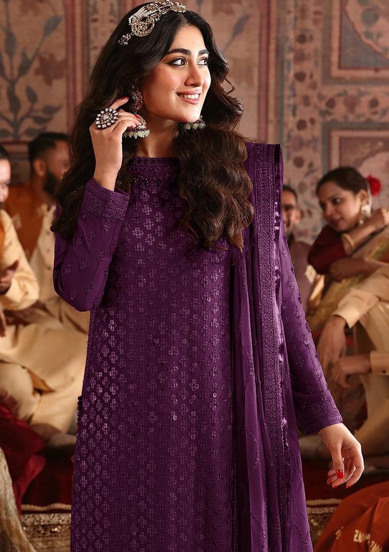 Purple Embroidered Faux Georgette Kurta Set