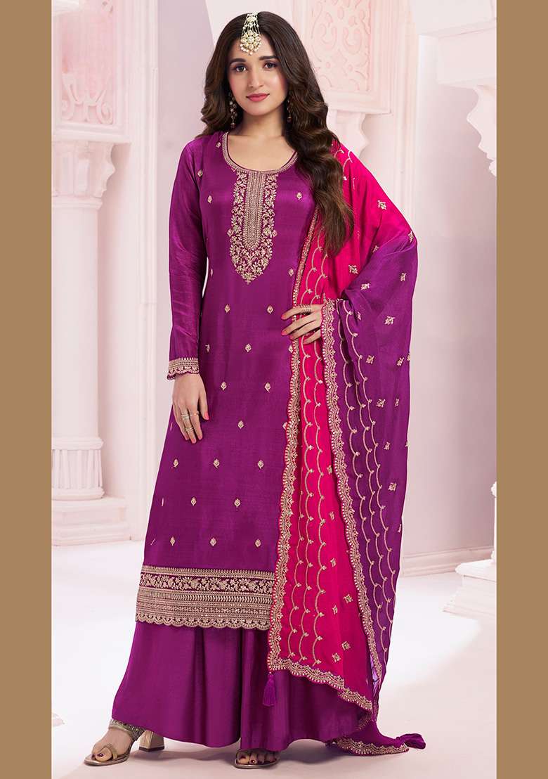 Purple Embroidered Silk Blend Sharara Set - Indya