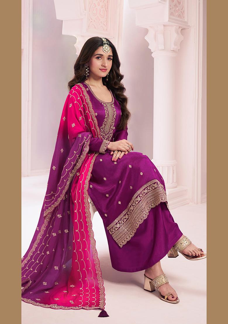 Purple Embroidered Silk Kurta Set