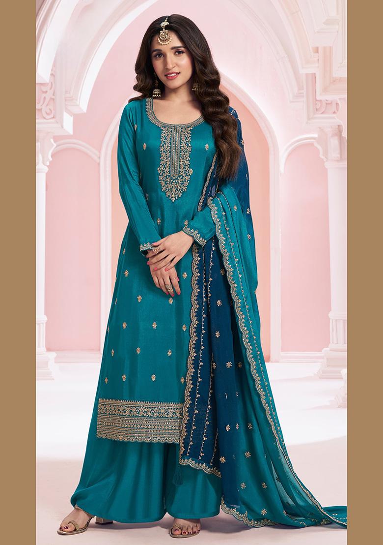 Teal Blue Embroidered Silk Kurta Set