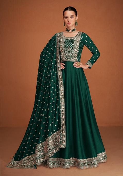 Green Embroidered Silk Anarkali Kurta Set
