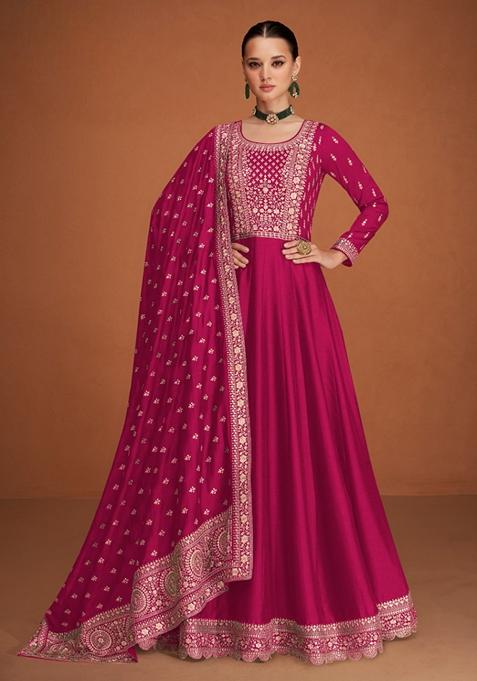 Pink Embroidered Silk Anarkali Kurta Set