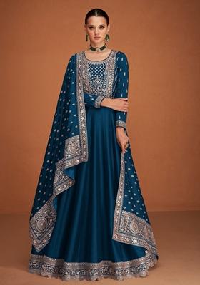 Navy Blue Embroidered Silk Anarkali Kurta Set
