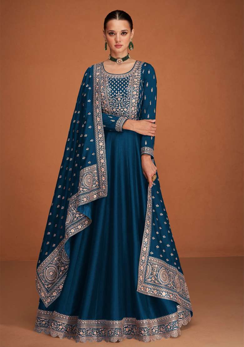 Navy Blue Embroidered Silk Blend Anarkali Set - Indya