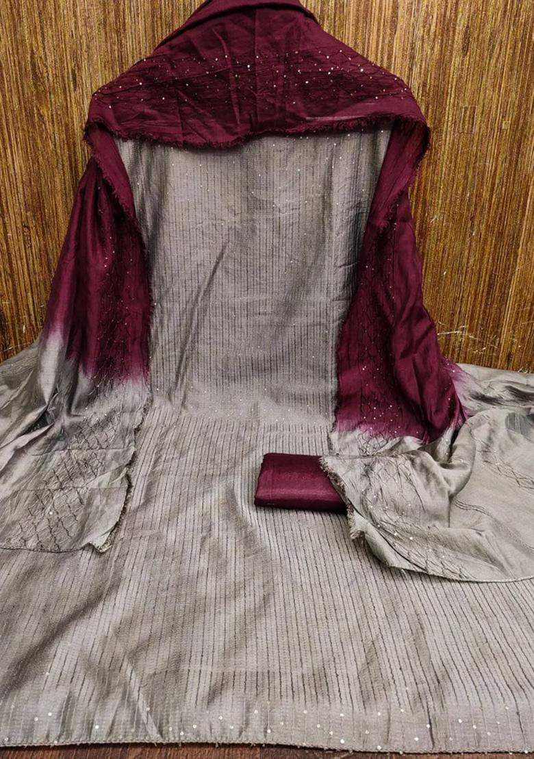 Dark Grey Embroidered Silk Kurta Set
