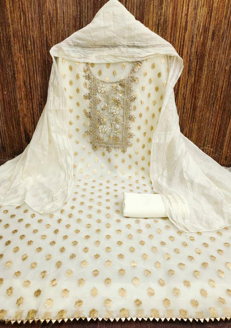 Off White  Embroidered Silk Kurta Set