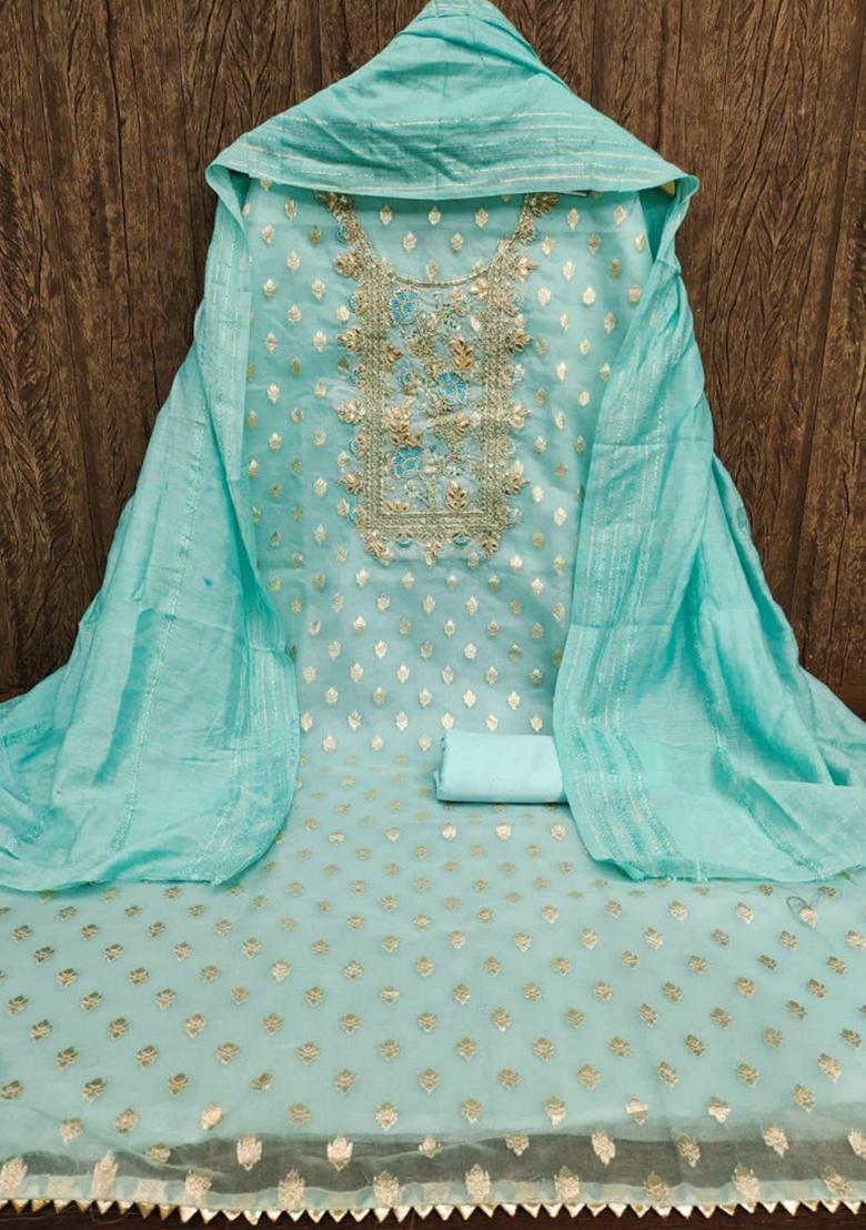 Turquoise Embroidered Silk Kurta Set