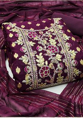 Wine Embroidered Silk Kurta Set