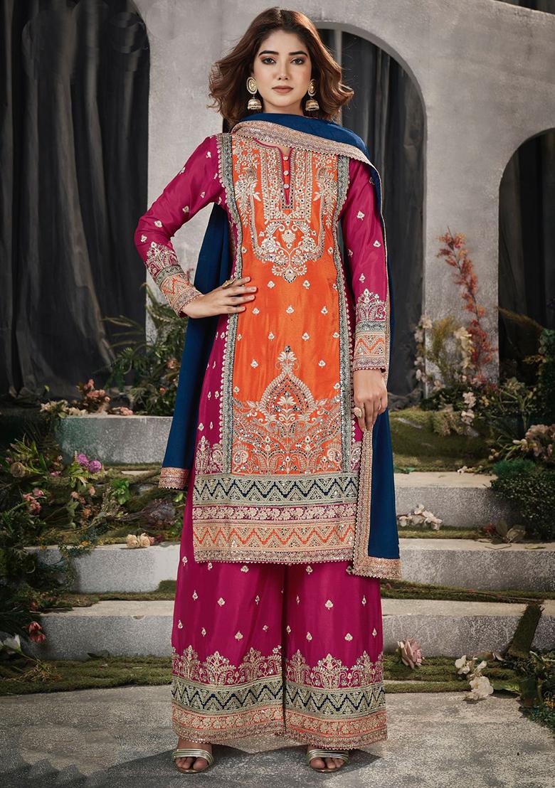 Orange Embroidered Silk Kurta Set
