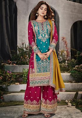Turquoise Embroidered Silk Kurta Set