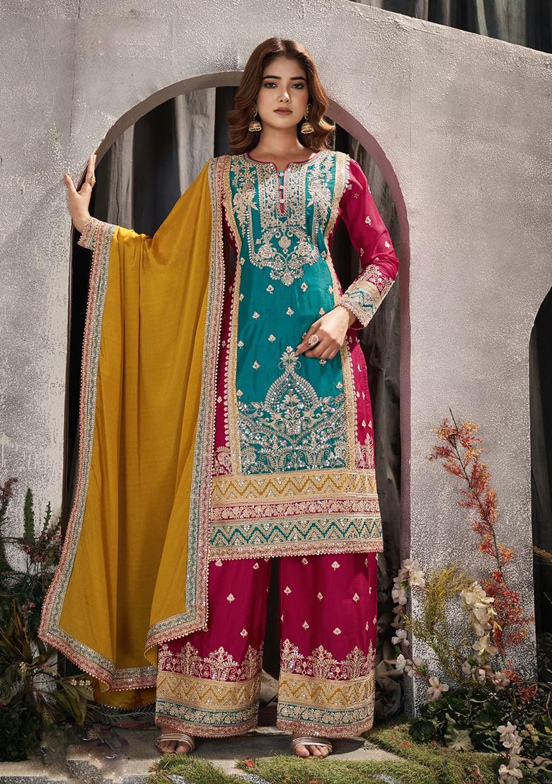Turquoise Embroidered Silk Kurta Set