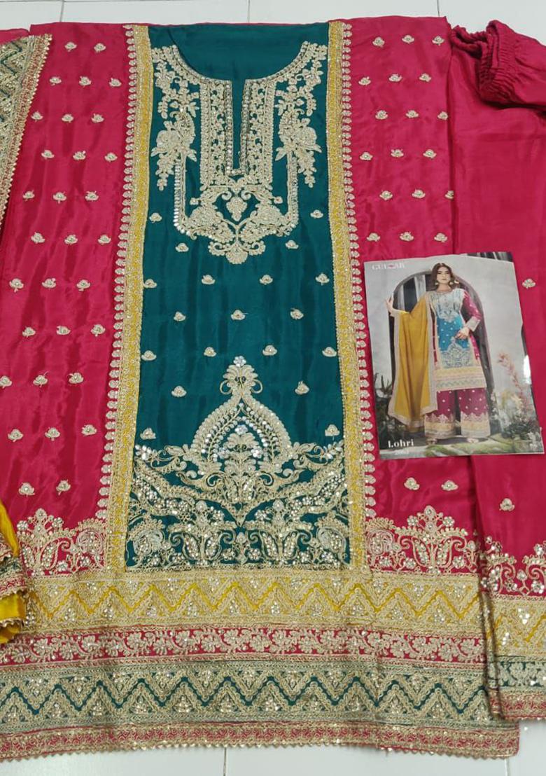 Turquoise Embroidered Silk Kurta Set