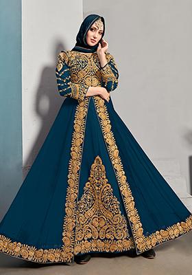 Teal Embroidered Georgette Anarkali Kurta Set