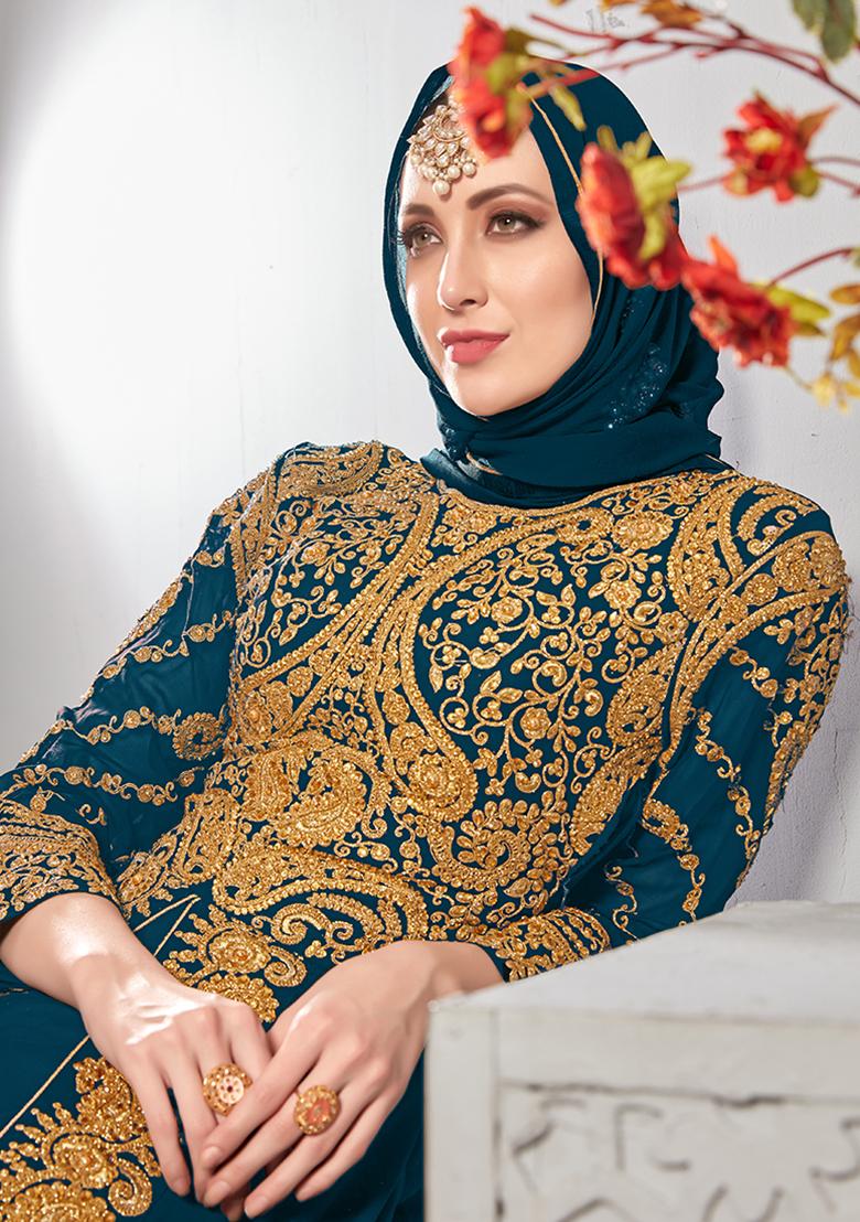 Teal Embroidered Georgette Anarkali Kurta Set