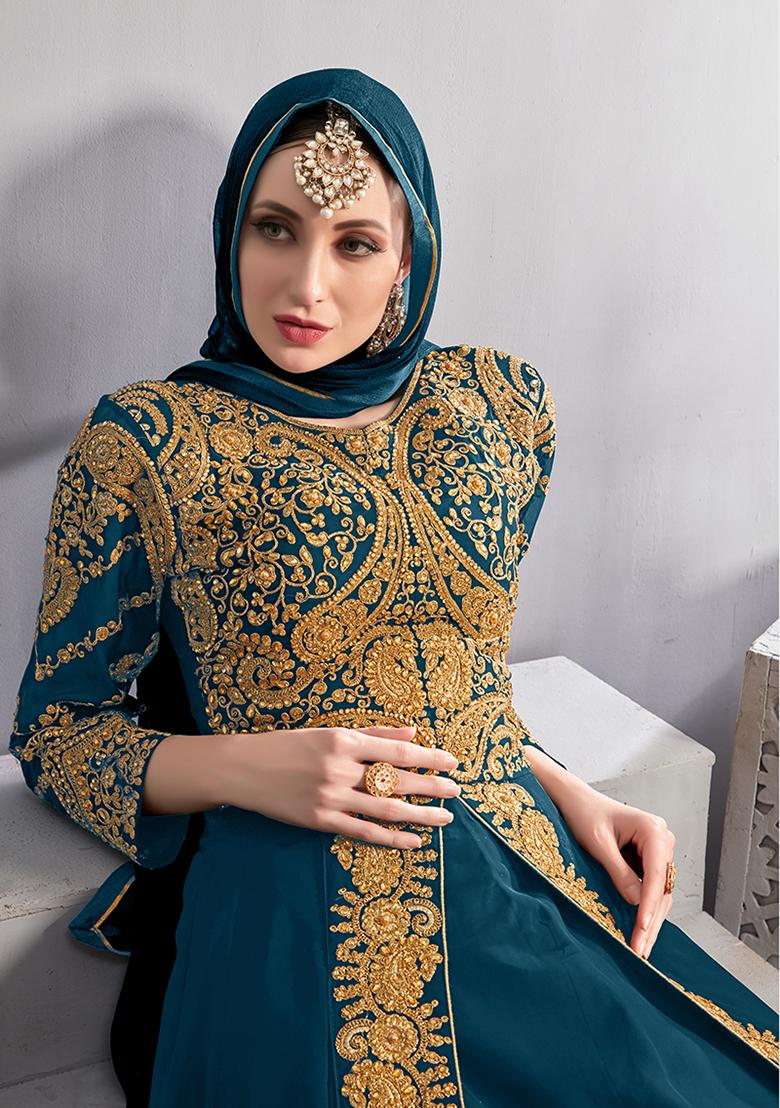 Teal Embroidered Georgette Anarkali Kurta Set
