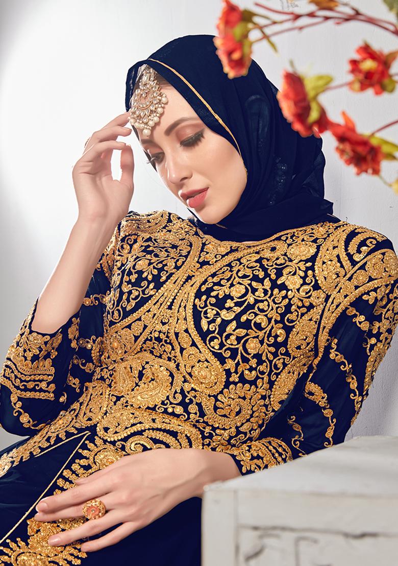 Navy Blue Embroidered Georgette Anarkali Kurta Set