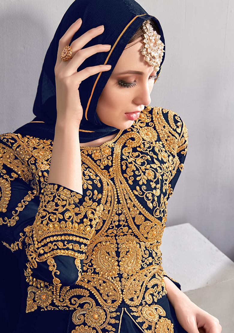 Navy Blue Embroidered Georgette Anarkali Kurta Set