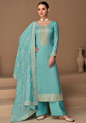 Sky Blue Embroidered Vichitra Silk Kurta Set