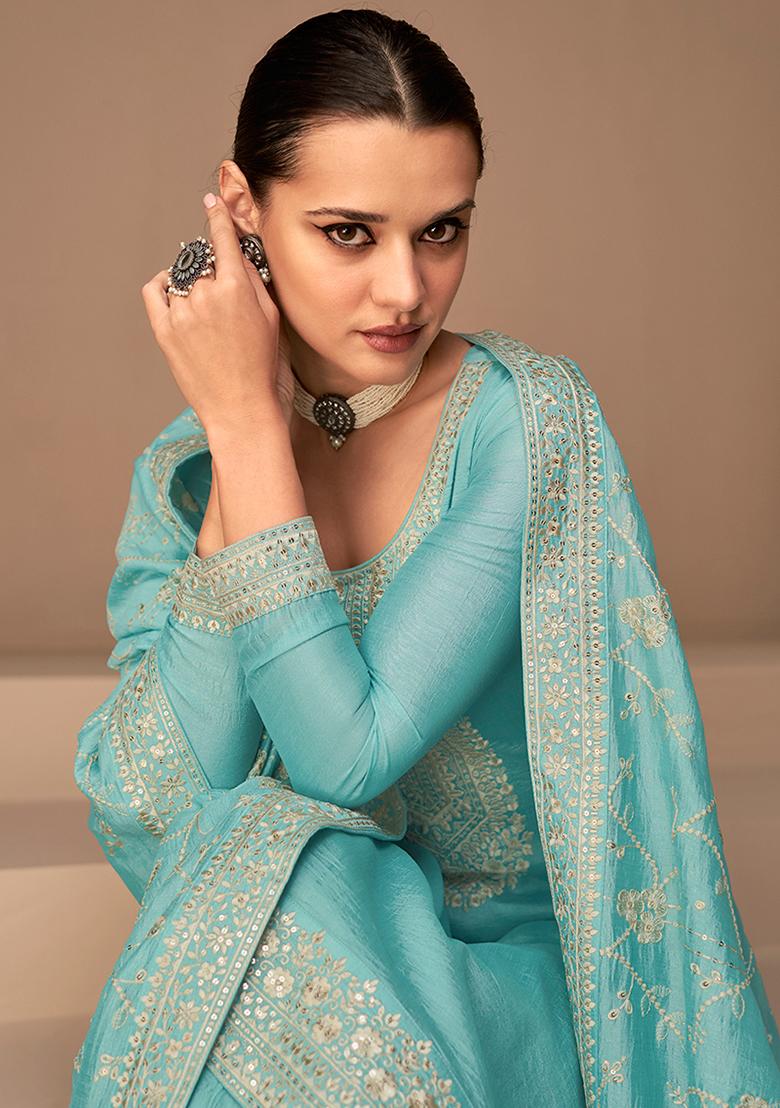 Sky Blue Embroidered Vichitra Silk Kurta Set