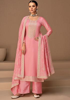 Pink Embroidered Vichitra Silk Kurta Set