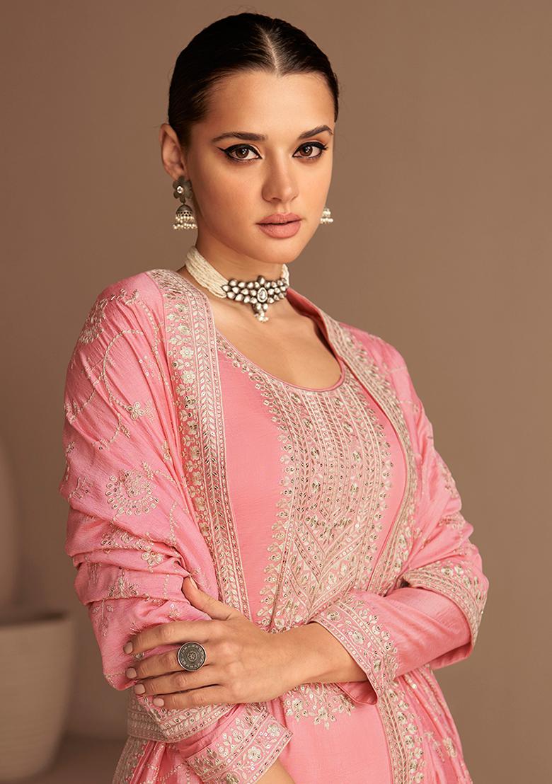 Pink Embroidered Vichitra Silk Kurta Set