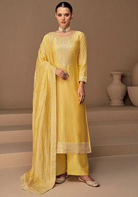 Yellow Embroidered Vichitra Silk Kurta Set