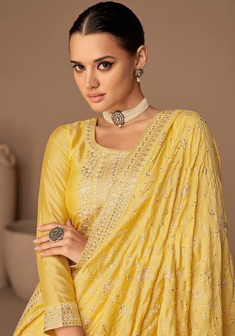Women Mustart Yellow Vichitra Silk Embroidered Kurti With Pant And Duppata Set