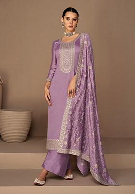 Lavender Embroidered Vichitra Silk Kurta Set