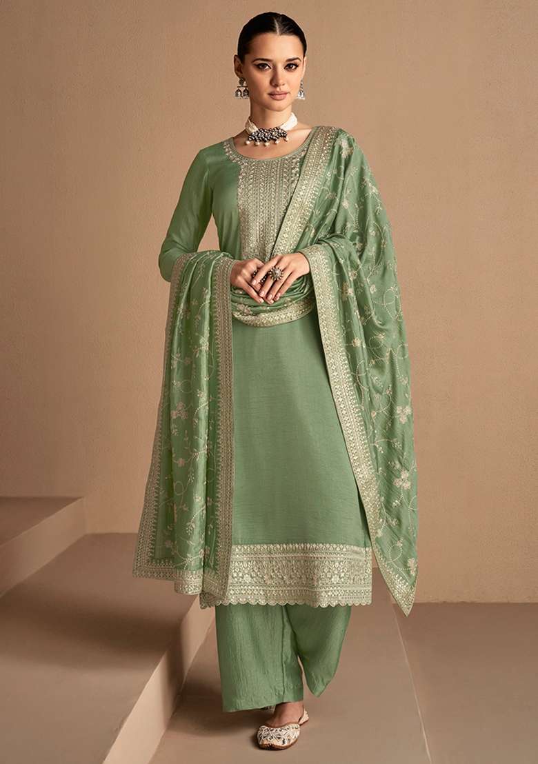 Olive Embroidered Vichitra Straight Kurta Set - Indya