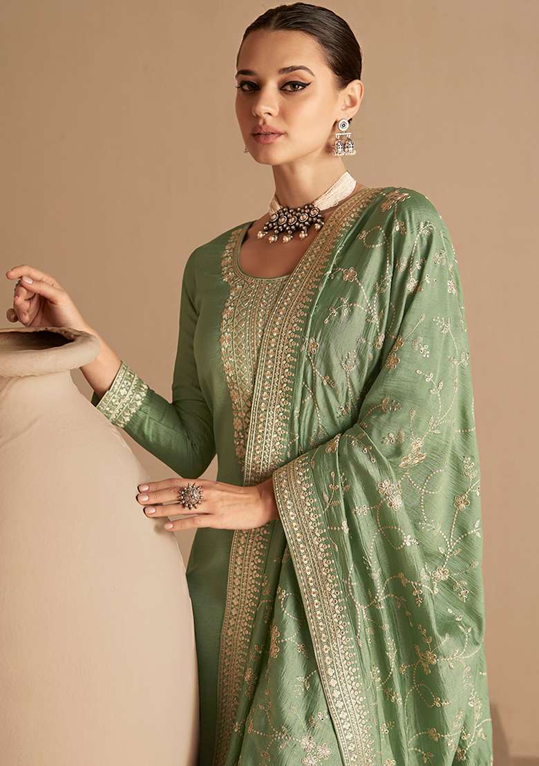 Olive Embroidered Vichitra Straight Kurta Set - Indya