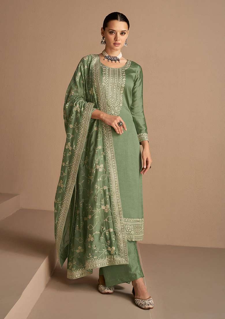 Olive Embroidered Vichitra Straight Kurta Set - Indya