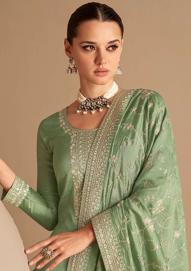 Olive Embroidered Vichitra Straight Kurta Set - Indya