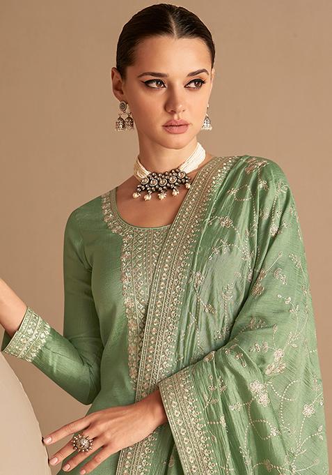 Women Black Vichitra Silk Embroidery Work Kurta Set With Dupatta