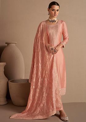 Peach Embroidered Vichitra Silk Kurta Set