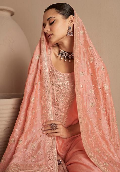 Women Peach Silk Hand embroidered & Printed Silk Kurta with pant & Dupatta
