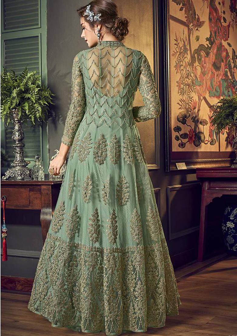 Light Green Embroidered Net Anarkali Kurta Set
