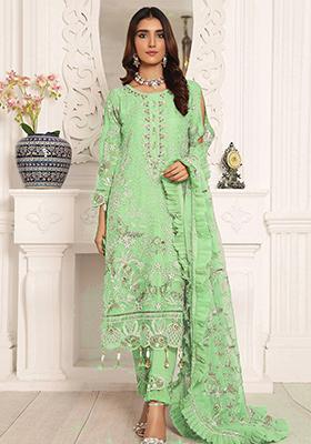 Light Green Embroidered Net Kurta Set