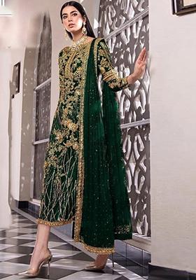 Dark Green Embroidered Net Kurta Set