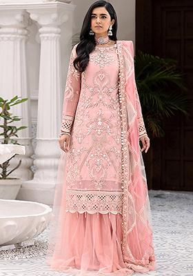 Baby Pink Embroidered Net Kurta Set