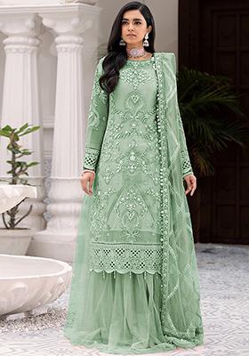 Sea Green Embroidered Net Kurta Set