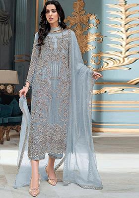 Grey Embroidered Organza Kurta Set