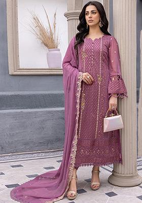 Mauve And Pink Embroidered Faux Georgette Kurta Set
