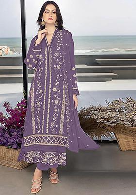 Purple Mauve Embroidered Faux Georgette Kurta Set