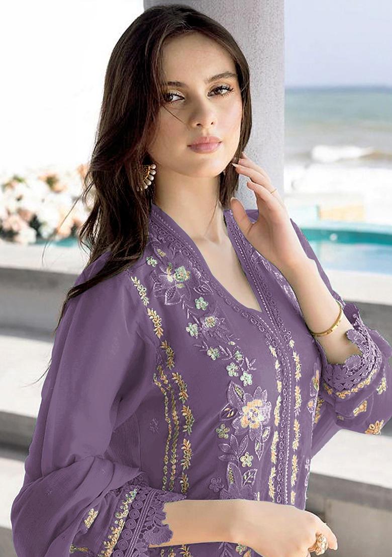 Purple Mauve Embroidered Faux Georgette Kurta Set