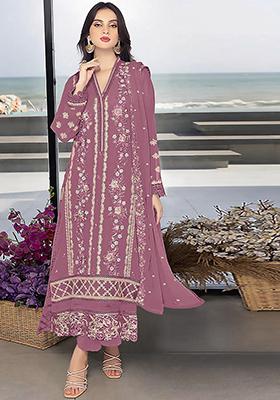 Dark Mauve Embroidered Faux Georgette Kurta Set
